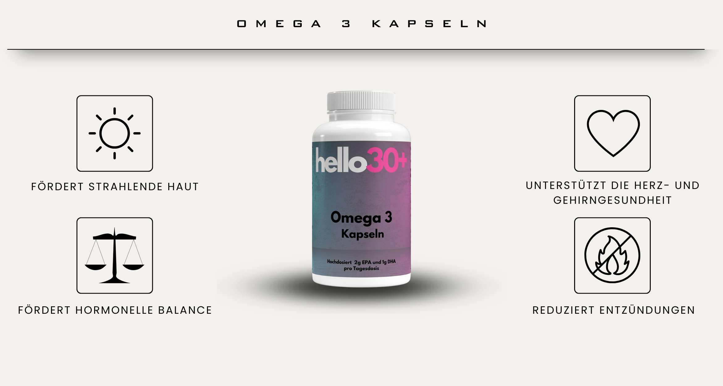 Hochwertige Omega-3 Kapseln für Frauen ab 30. Unterstütze deine Herzfunktion, Gehirngesundheit und Hautpflege mit essenziellen Fettsäuren.